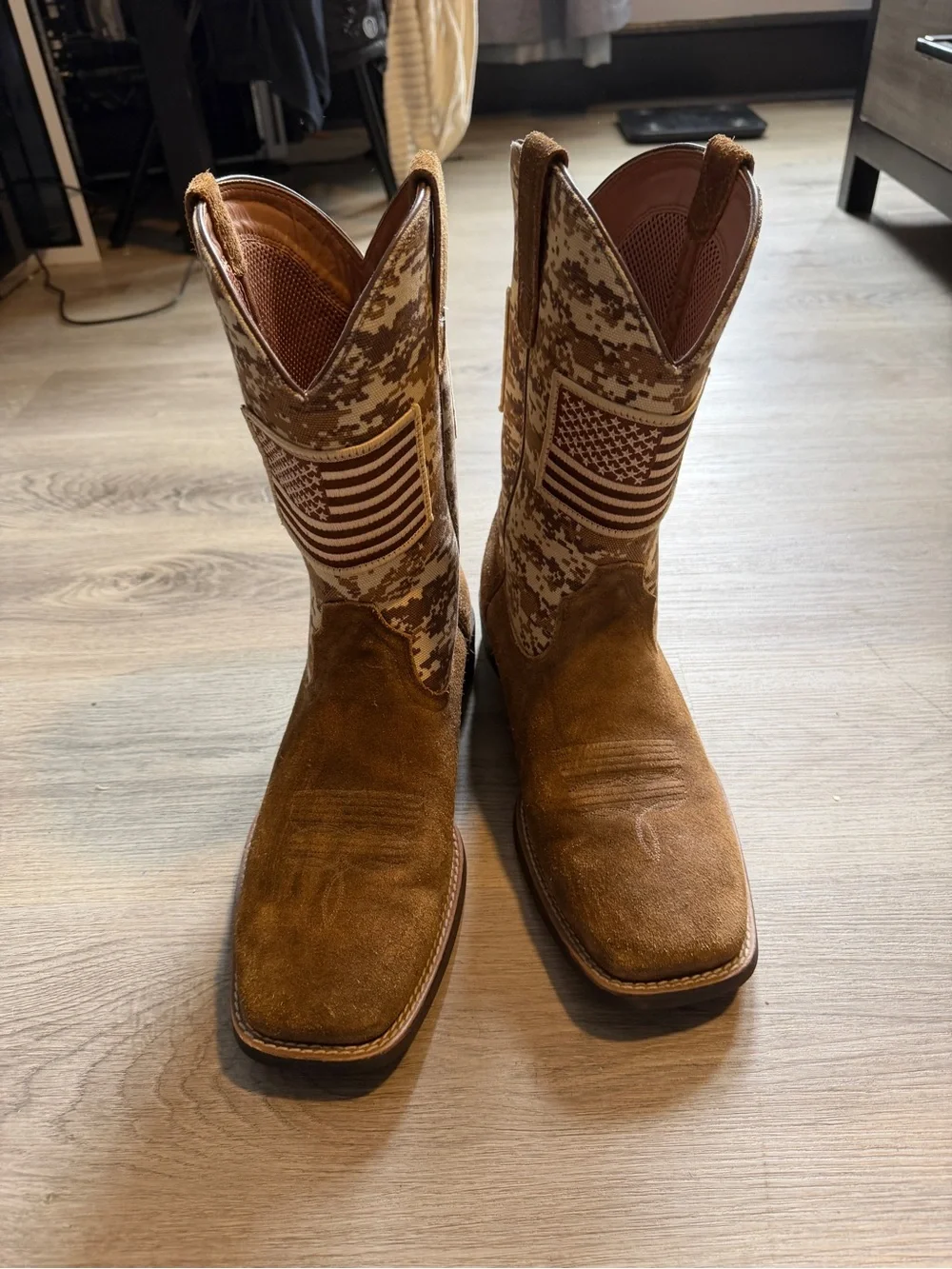 Men's Ariat Brown Suede Western Work Boots with Camo Shaft